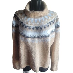 H&M Tan Turtleneck Sweater with Fair Isle Style Designs L